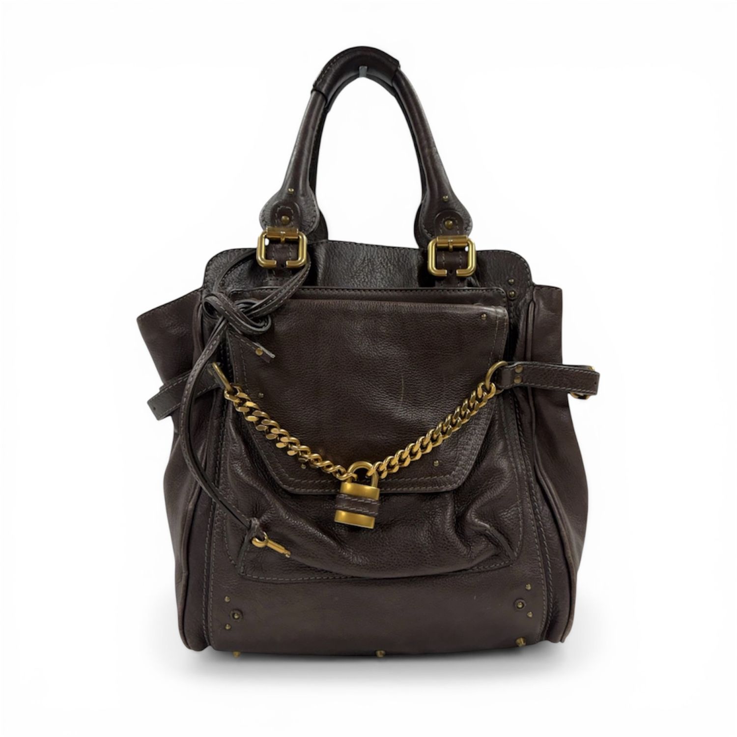 CHLOÉ BROWN LEATHER AND GOLD-TONE PADLOCK PADDINGTON TOTE BAG​