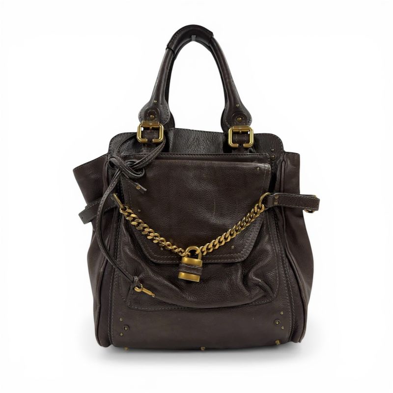 CHLOÉ BROWN LEATHER AND GOLD-TONE PADLOCK PADDINGTON TOTE BAG​
