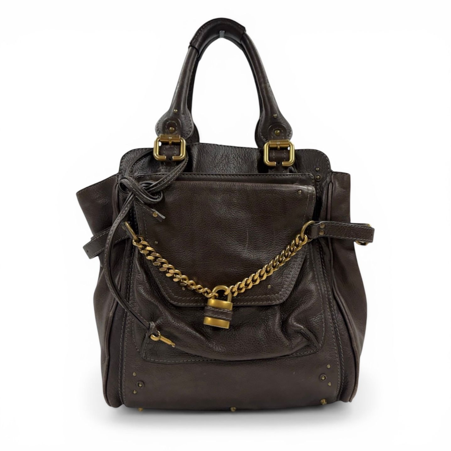 CHLOE BROWN LEATHER AND GOLD-TONE PADLOCK PADDINGTON TOTE BAG​