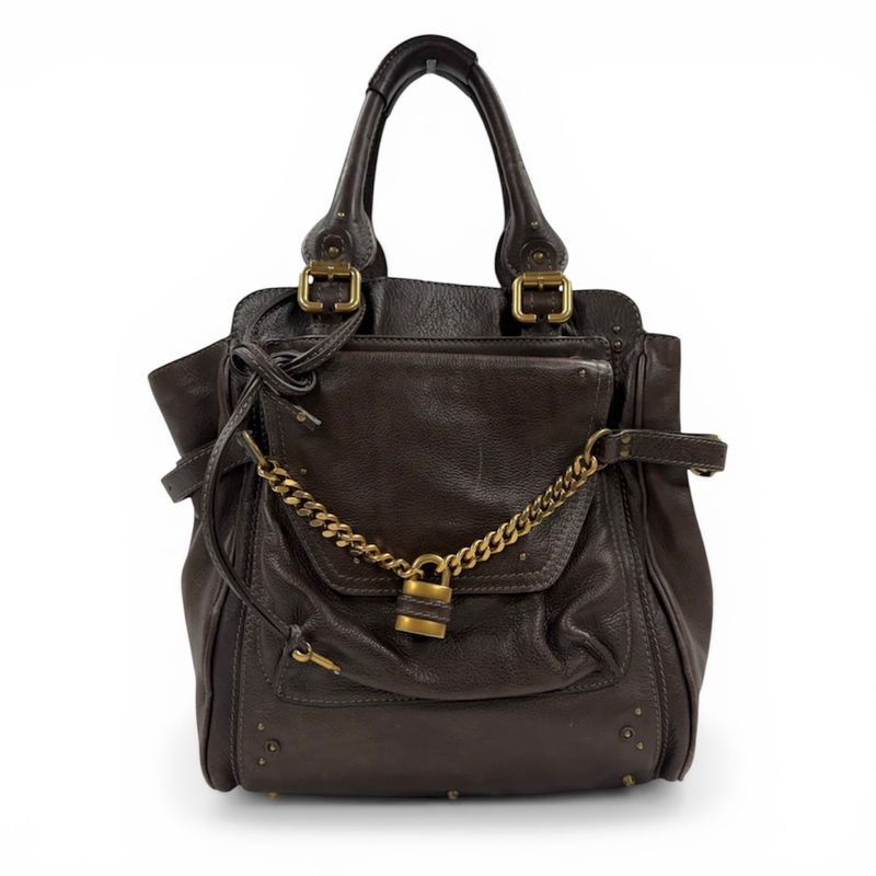 CHLOE BROWN LEATHER AND GOLD-TONE PADLOCK PADDINGTON TOTE BAG​