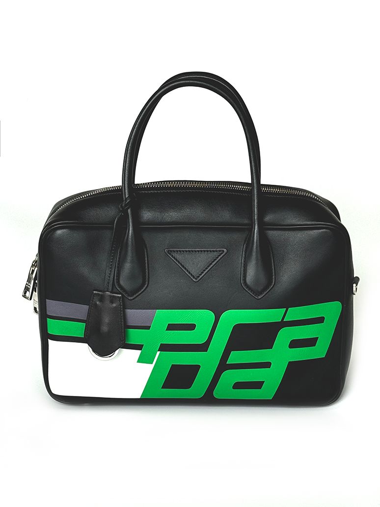PRADA MEDIUM GREEN BLACK LEATHER MIRAGE TOP HANDLE BAG