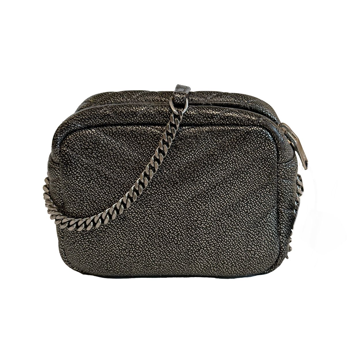 SAINT LAURENT SILVER METALIC  SMALL  LOULOU BOWLING SHOULDER BAG