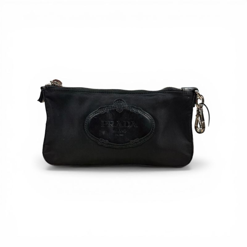 PRADA BLACK NYLON COSMETIC POUCH (LOGO PATCH FRONT)