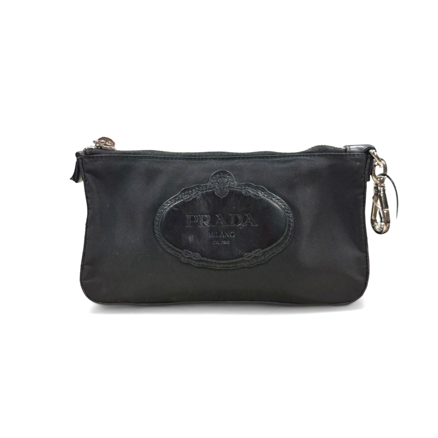 PRADA BLACK NYLON COSMETIC POUCH (LOGO PATCH FRONT)