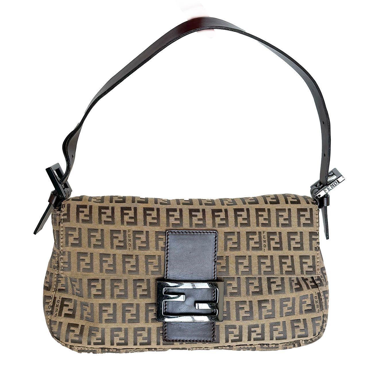 FENDI BROWN ZUCCA MONOGRAM CANVAS BAGUETTE SHULDER BAG