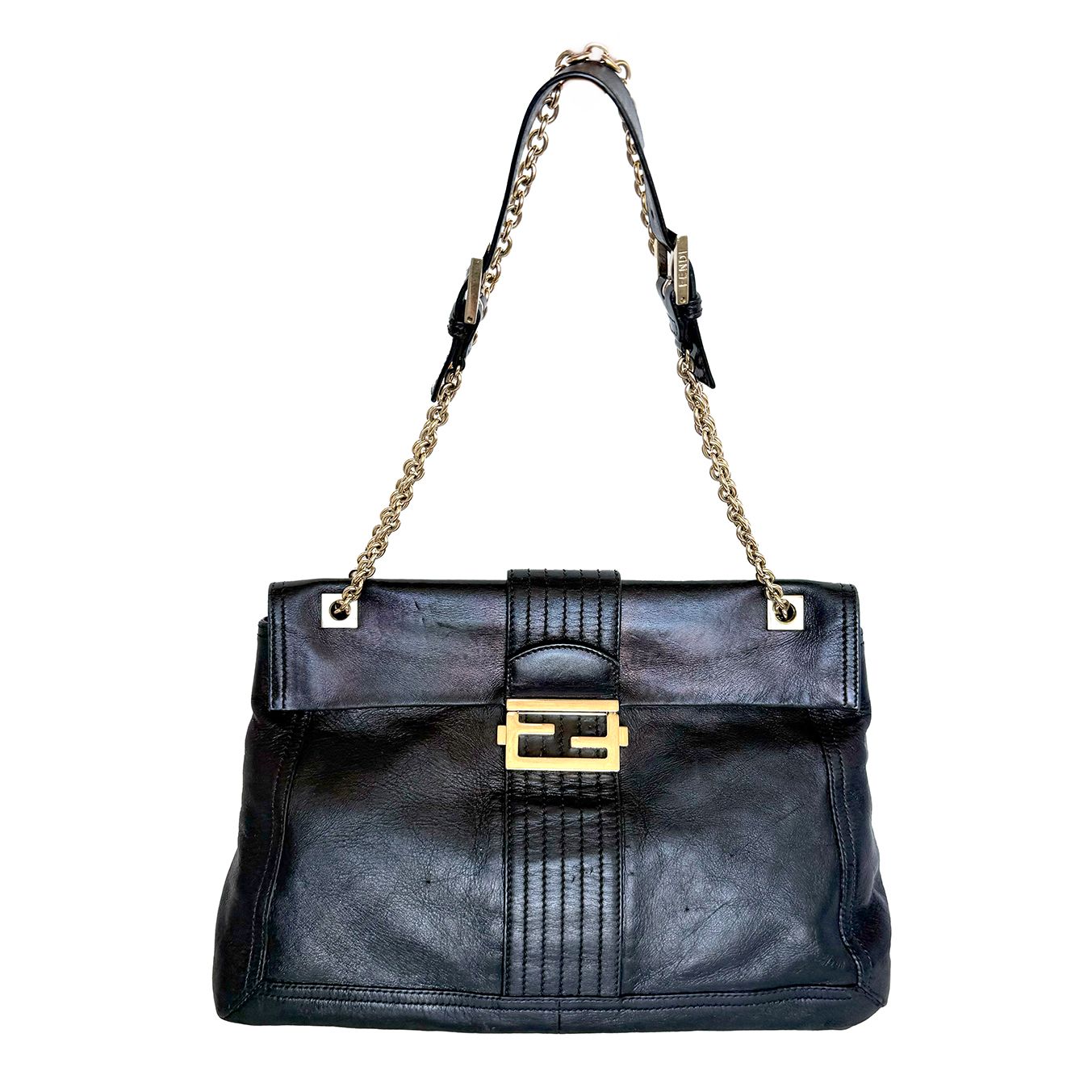 FENDI MAXI BAGUETTE FLAP BLACK LEATHER SHOULDER BAG