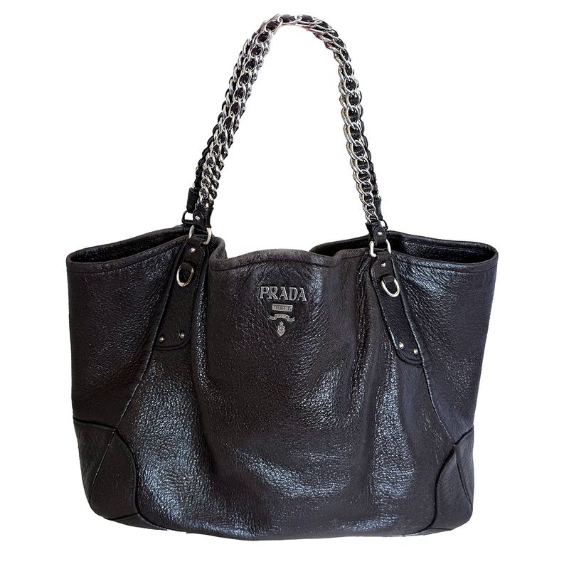 PRADA EBANO MARRON SAC À ÉPAULE EN CUIR CERVO LUX AVEC CHAÎNE