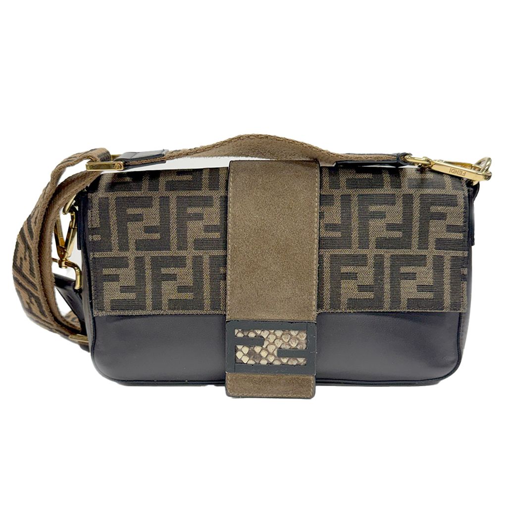 FENDI BICOLOR ZUCCA FF BAUGETTE BROWN LEATHER CROSSBODY BAG