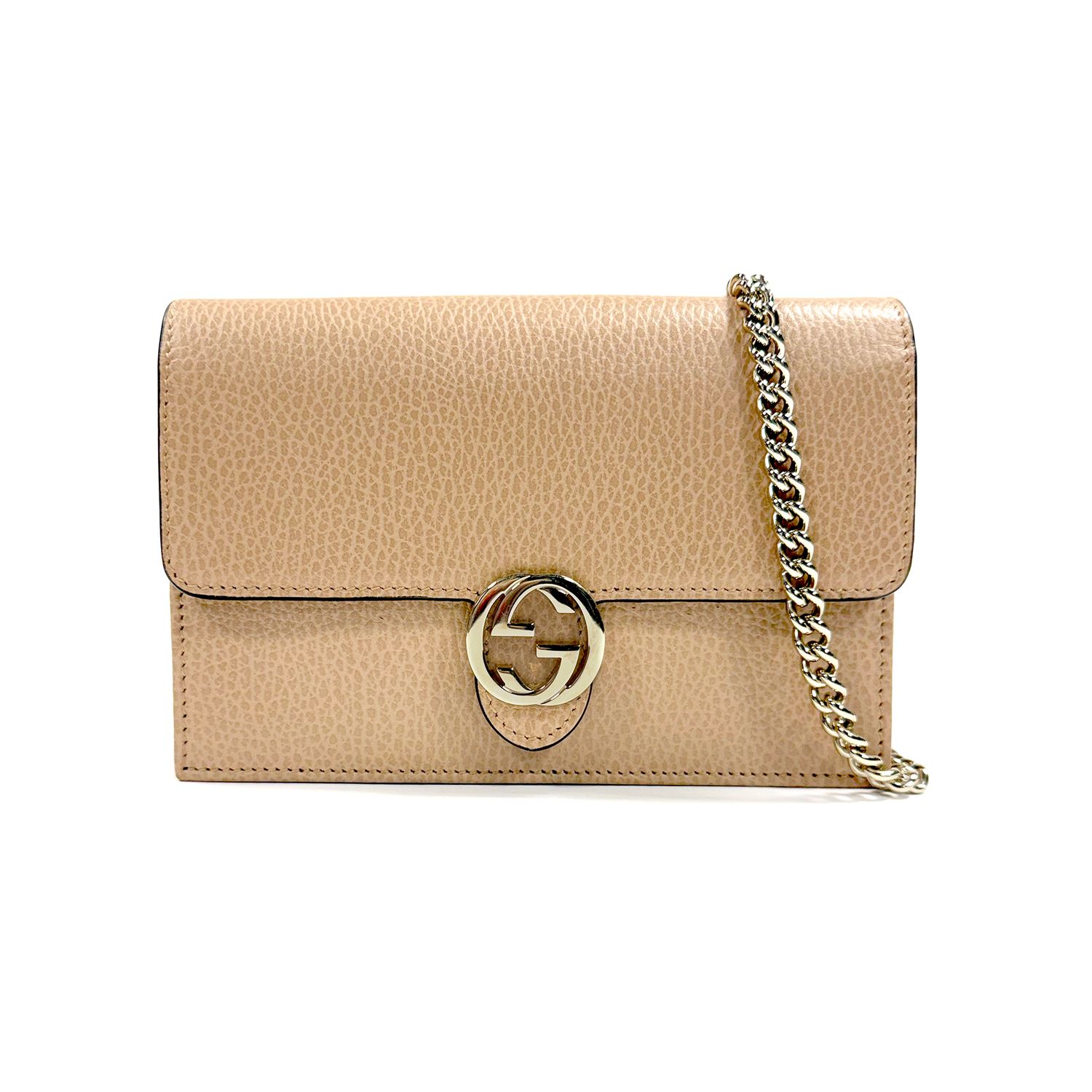 GUCCI LEATHER  INTERLOCKING BEIGE PINK G DOLLAR WALLET ON CHAIN CROSSBODY BAG