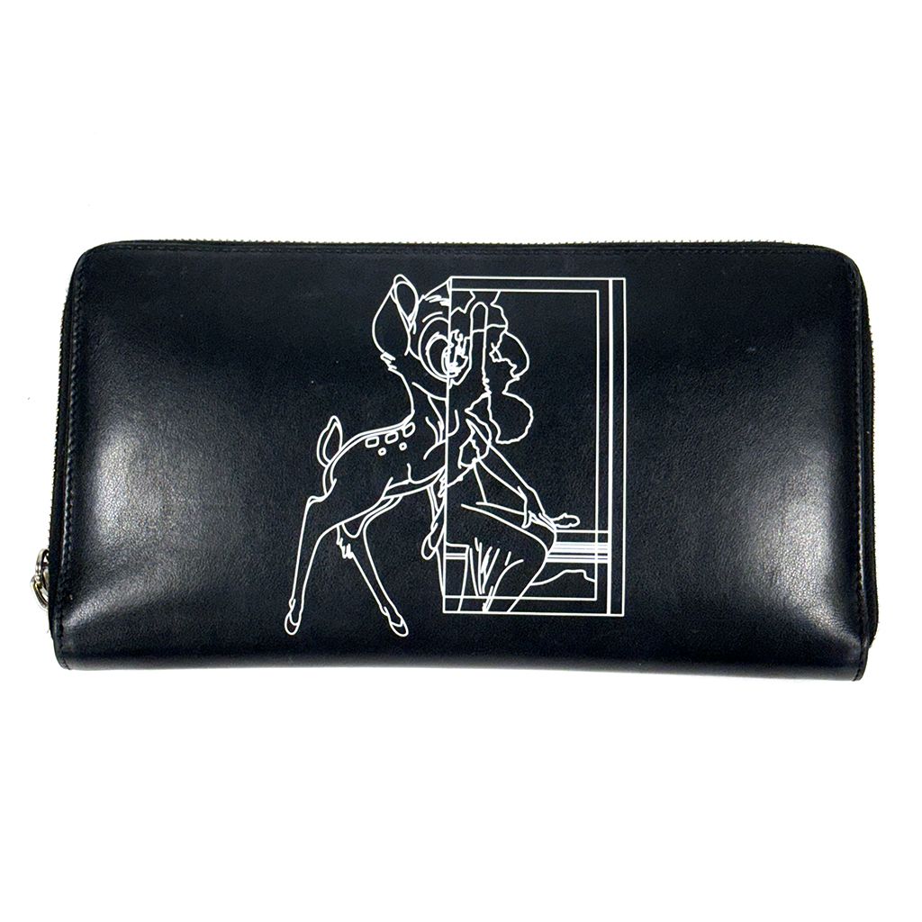 GIVENCHY DISNEY BAMBI PRINT BLACK LEATHER ZIP AROUND WALLET / CLUTCH