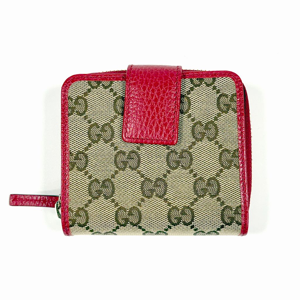 GUCCI GG CANVAS RED LEATHER COMPACT ZIP WALLET