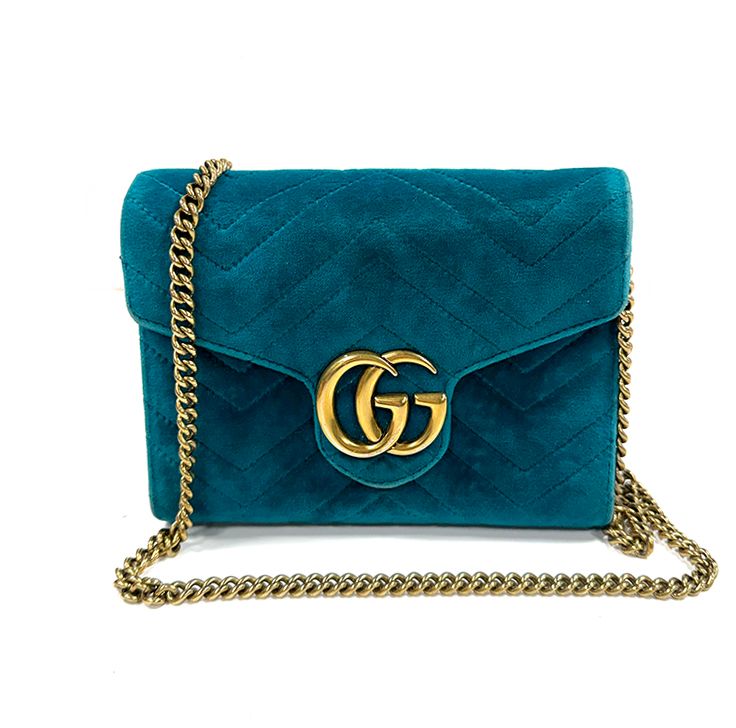 GUCCI GG BLUE VELVET SMALL MATELASSE MARMONT WALLET ON CHAIN