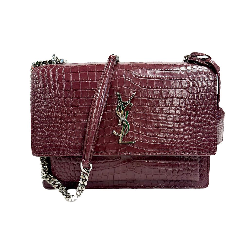 SAINT LAURENT BURGUNDY EMBOSSED CROC LEATHER SUNDET MEDIUM SHOULDER BAG