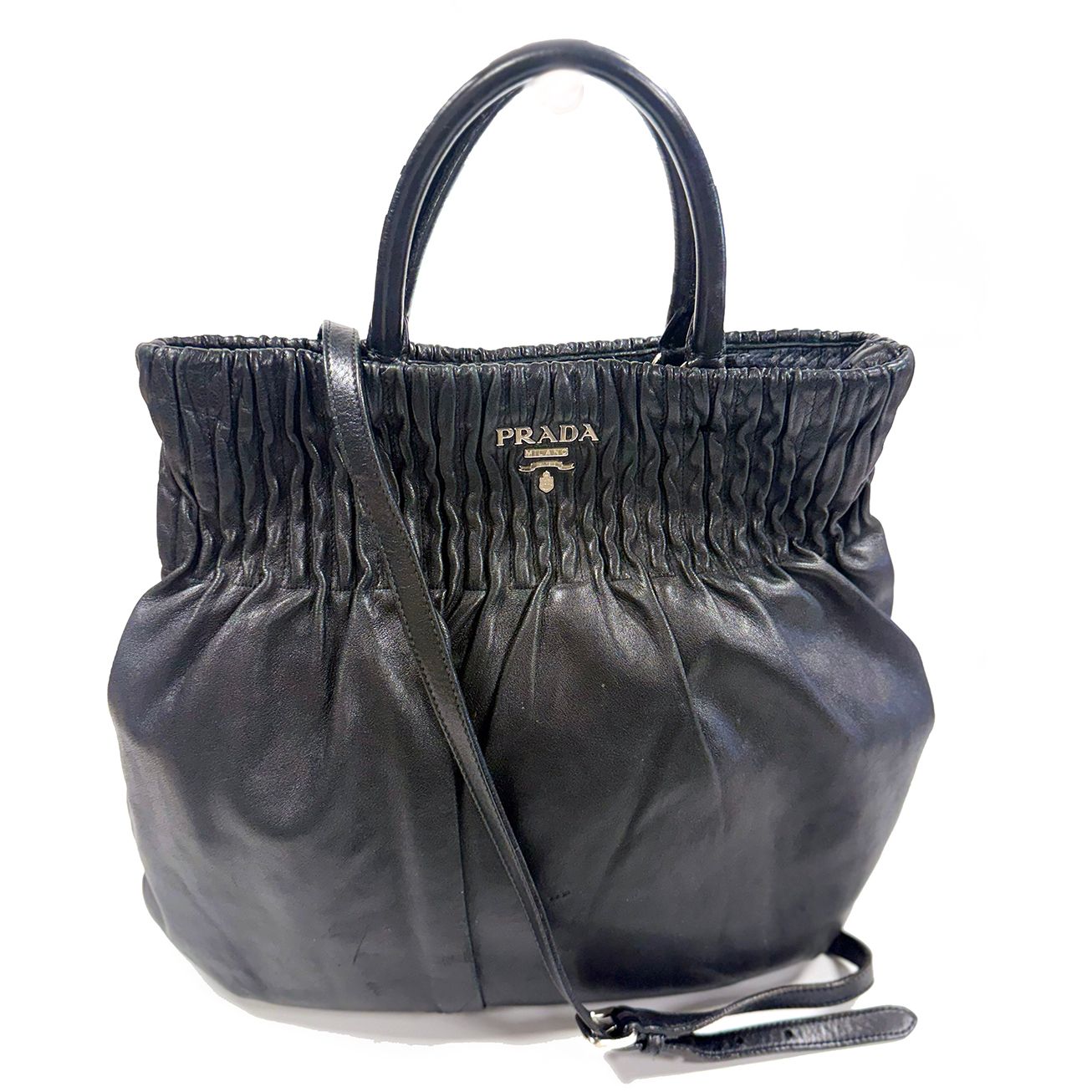 PRADA BLACK NAPPA LEATHER PLEATED HOBO BAG