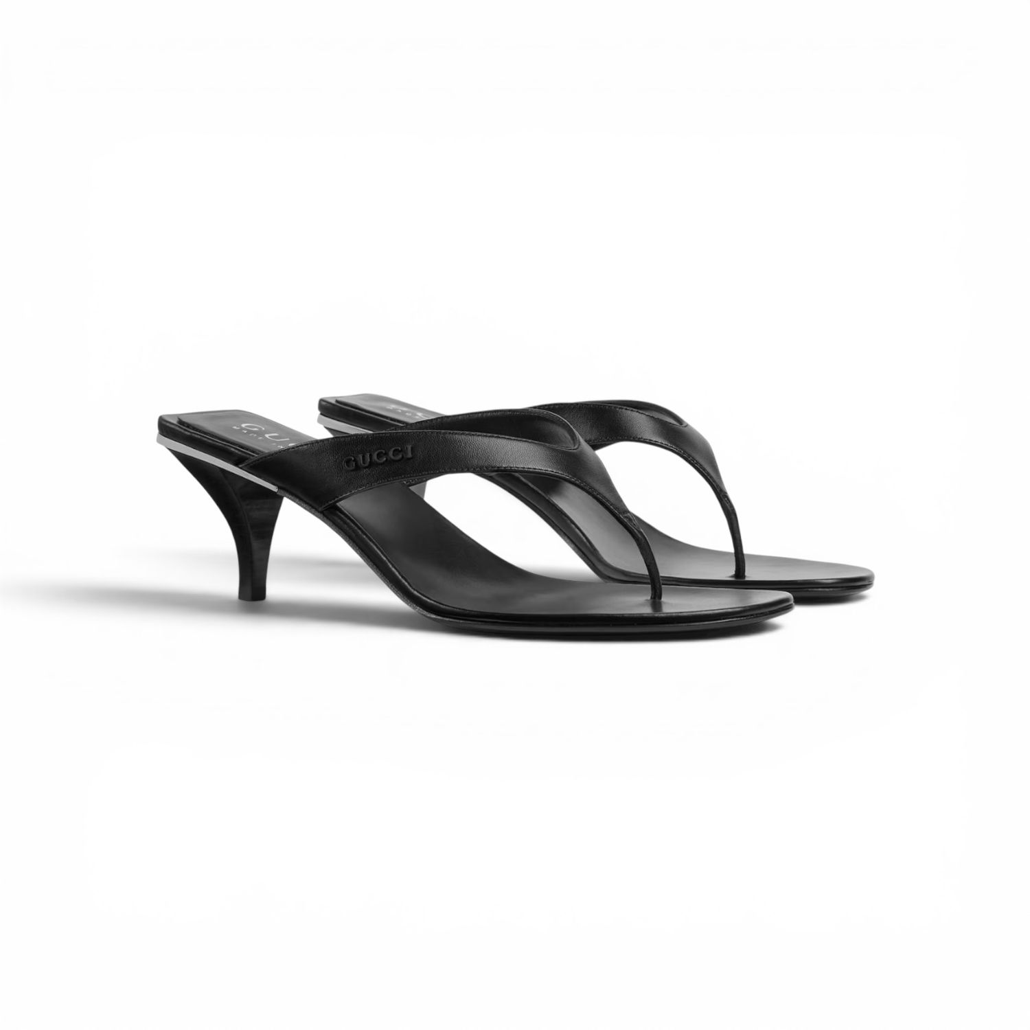 GUCCI VITTORIA BLACK LEATHER THONG HEELS
