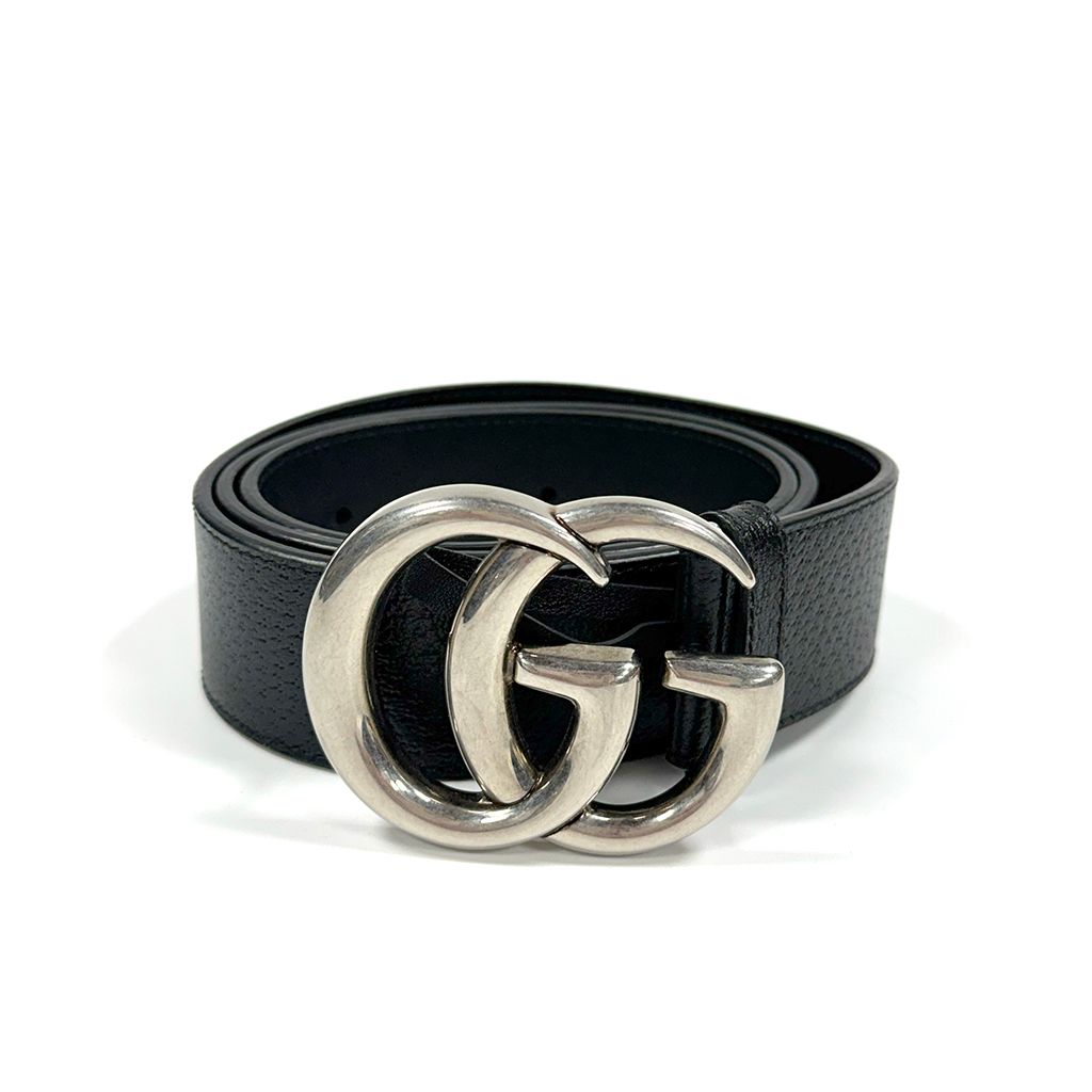 GUCCI CALFSKIN BLACK MARMONT GG BELT SILVER (90/36)