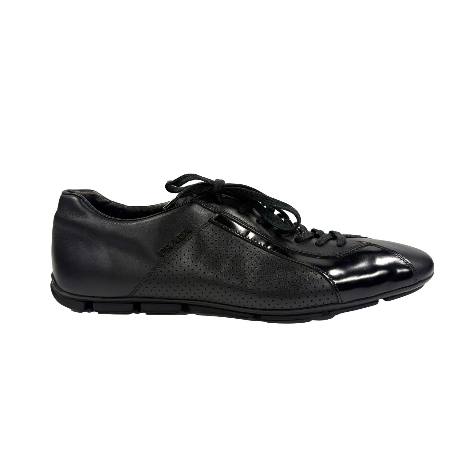 PRADA CALF LEATHER SNEAKERS BLACK SIZE 8.5
