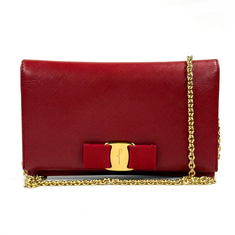 SALVATORE FERRAGAMO MISS VARA BOW PORTEFEUILLE ROUGE AVEC CHAÎNE