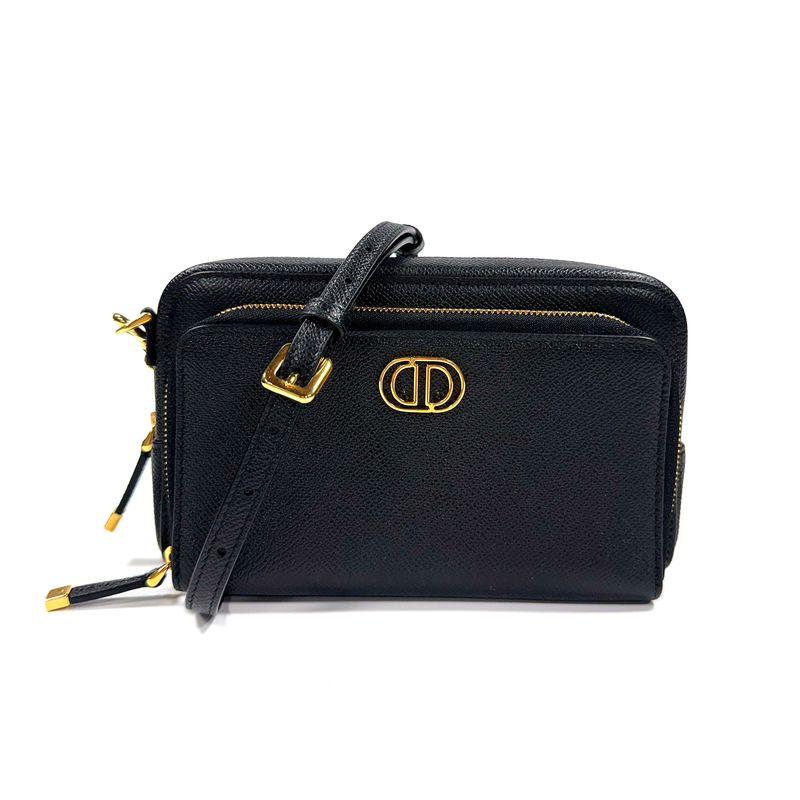 CHRISTIAN DIOR CARO DOUBLE POCHETTE EN CUIR NOIR SAC BANDOULIÈRE