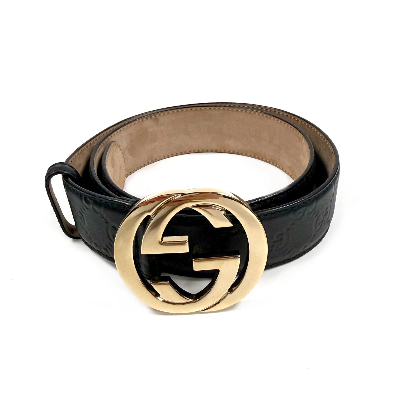 GUCCI GUCCISSIMA EMBOSSED LEATHER INTERLOCKING G BUCKLE BLACK BELT (90/36)