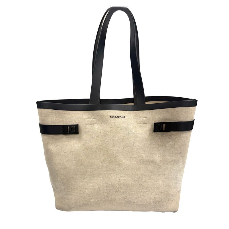 FERRAGAMO CANVAS TOTE BAG W GANCINI BUCKLES BEIGE