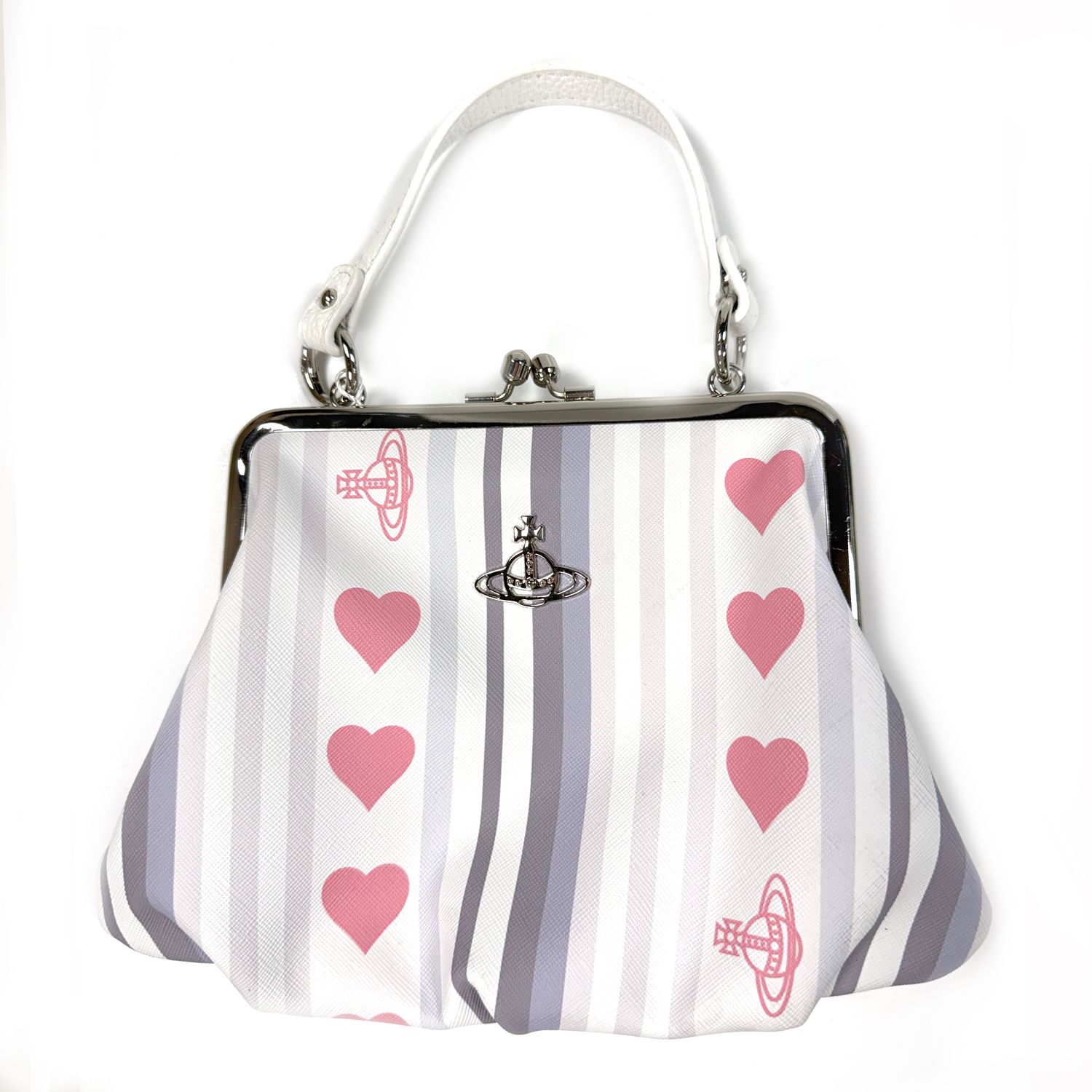 VIVIENNE WESTWOOD WHITE STRIPED AND PINK HEARTS GRANNY FRAME BAG