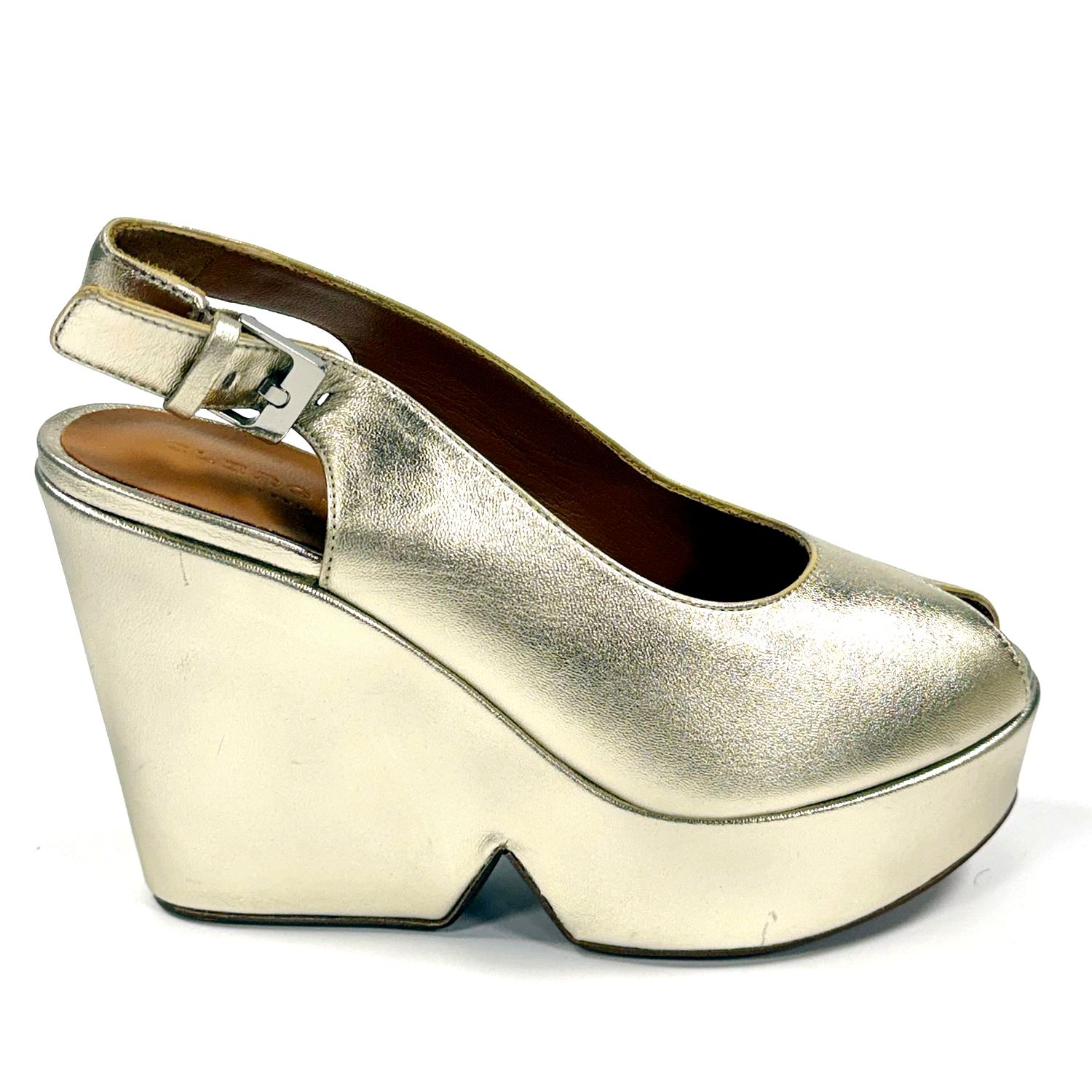 CLERGERIE GOLD LEATHER PLATFORM HEEL OPEN TOE SANDAL 36