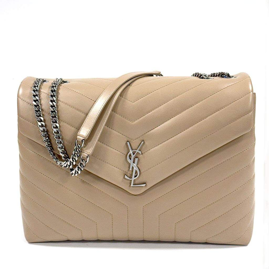 SAINT LAURENT BEIGE QUILTED  LEATHER MEDIUM LOULOU SHOULDER BAG