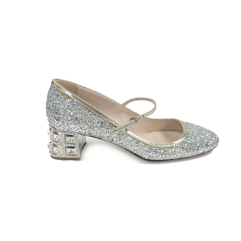 MIU MIU GLITTER MARY JANE CRYSTAL HEEL PUMPS