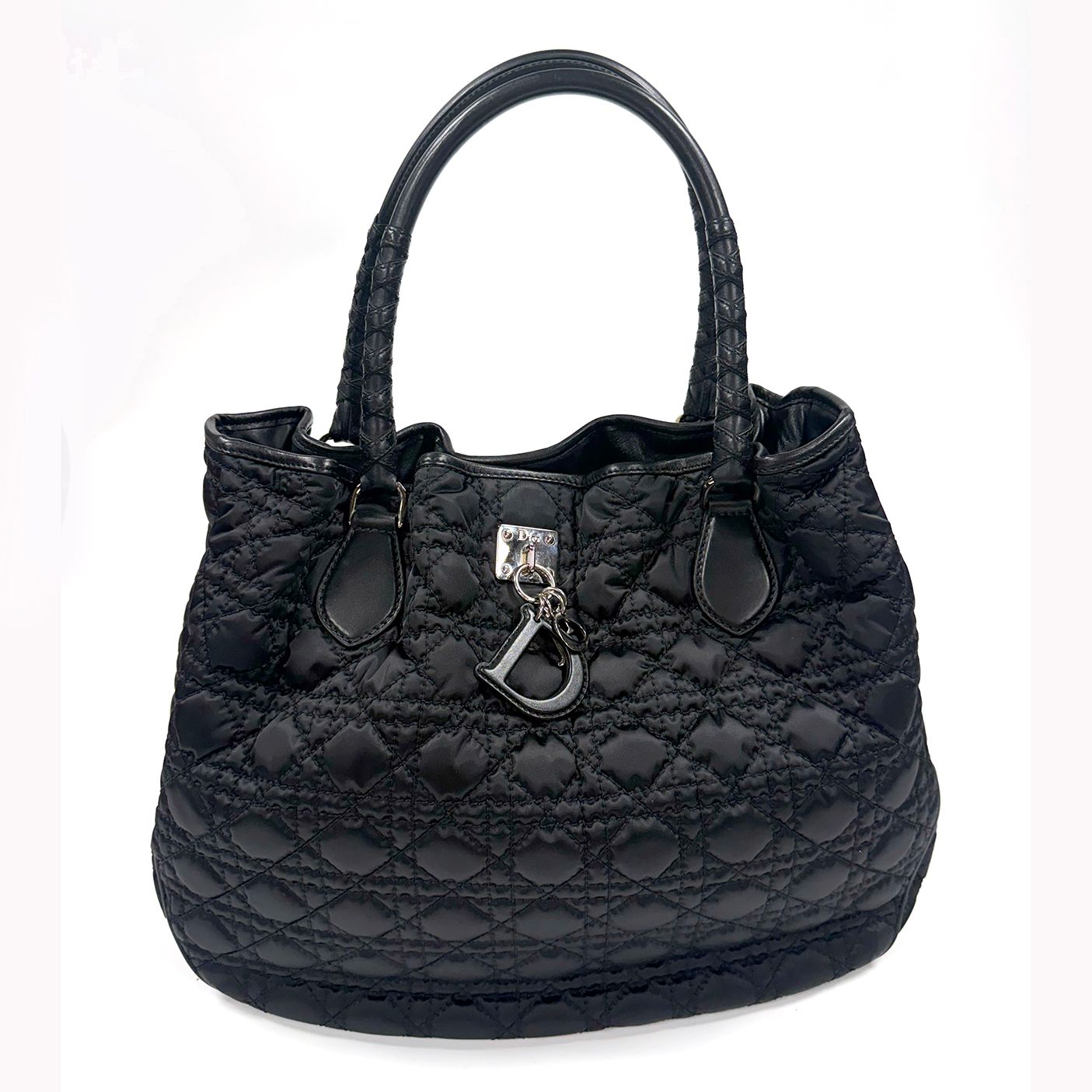 CHRISTIAN DIOR BLACK CANNAGE QUILTED NYLON MEDIUM TOTE BAG