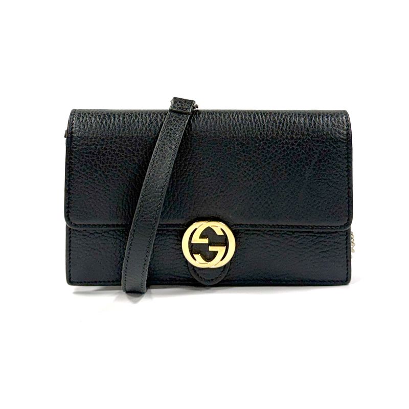 GUCCI INTERLOCKING G BLACK LEATHER WALLET ON CHAIN
