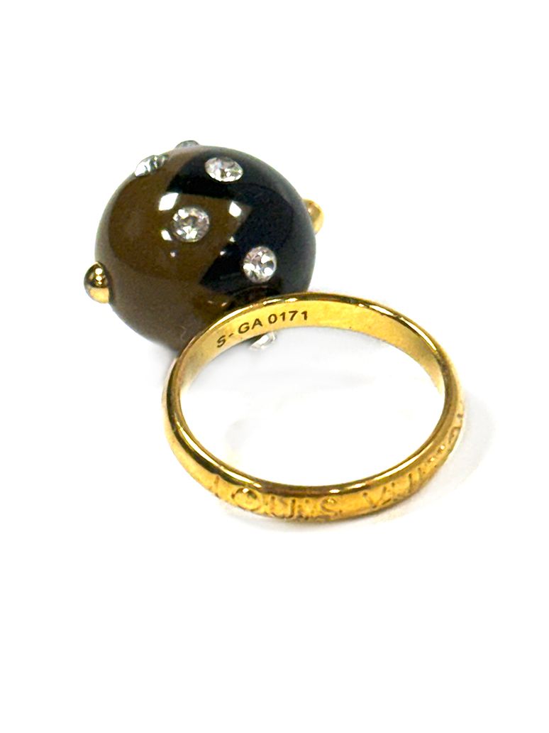 LOUIS VUITTON ENAMEL CRYSTAL &amp; WOODEN BALL GOLD TONE RING
