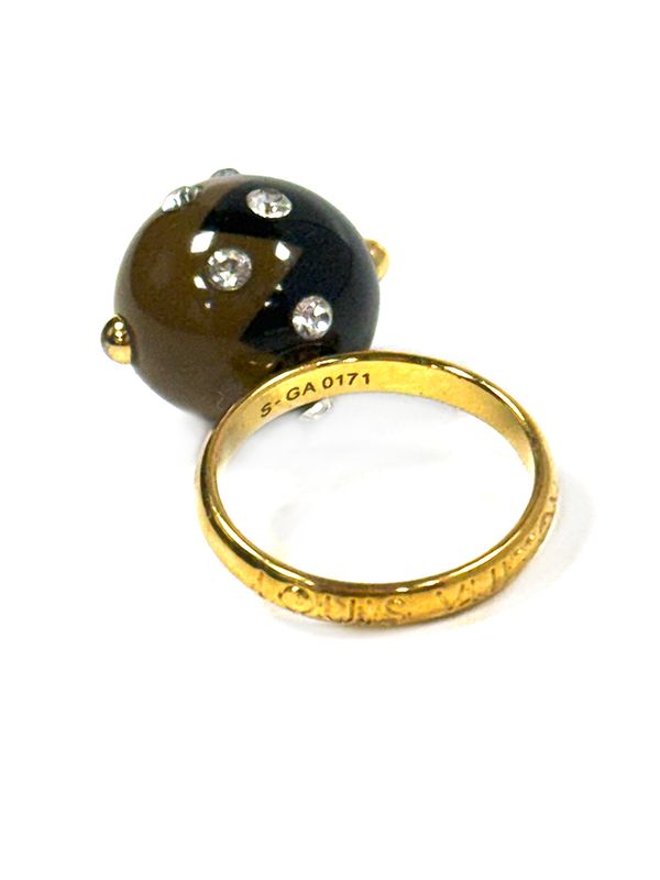 LOUIS VUITTON ENAMEL CRYSTAL &amp; WOODEN BALL GOLD TONE RING