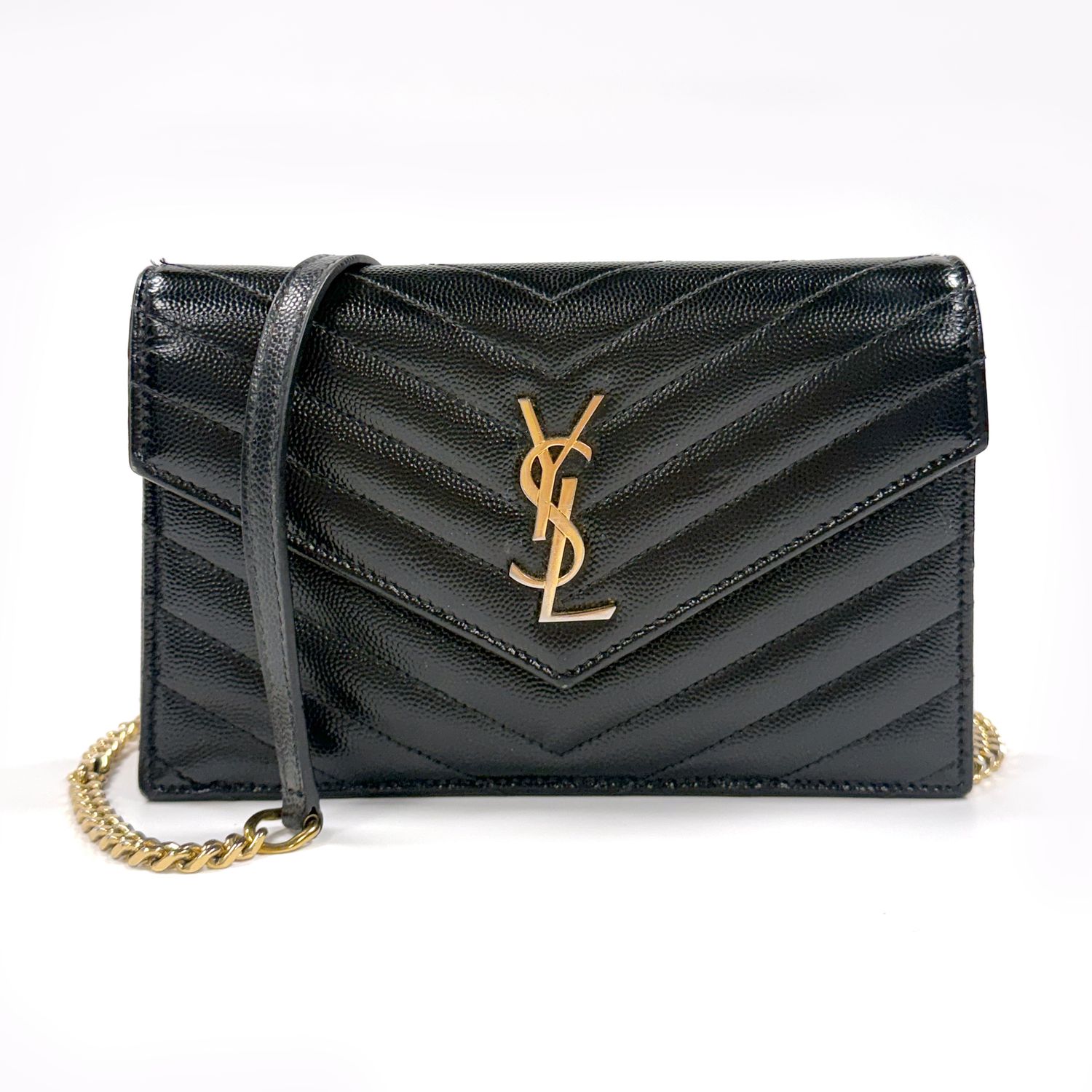 SAINT LAURENT BLACK CASSANDRA ENVELOPE  WALLET ON CHAIN  LEATHER  LEATHER