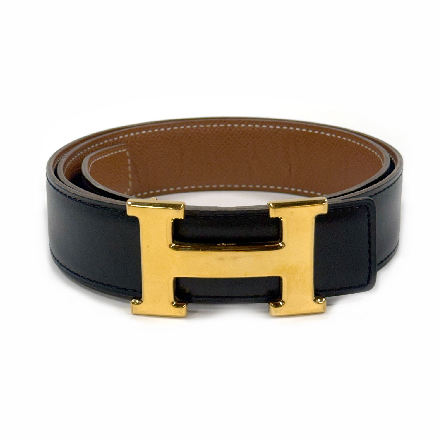 HERMES BLACK BROWN REVERSIBLE SQUARE A STAMP LEATHER BELT GOLD 78