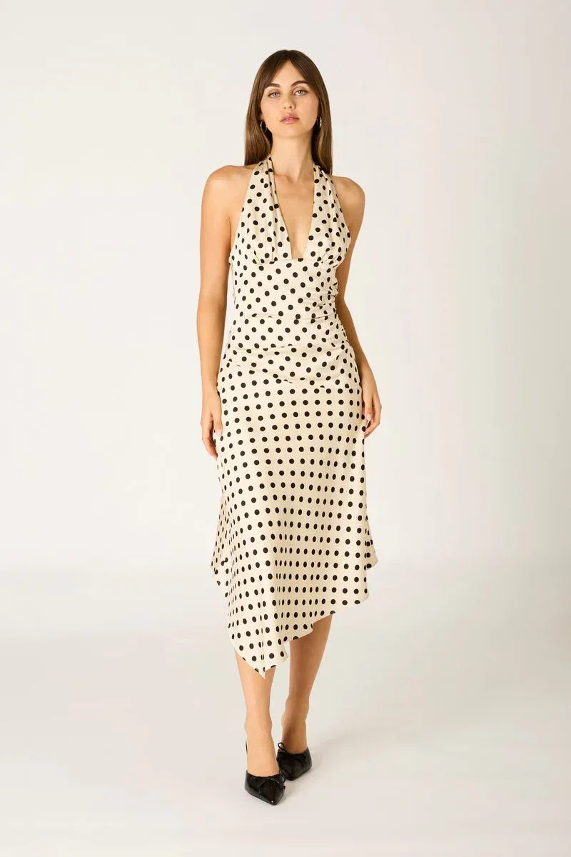 JOANA POLKA DOT HALTER MIDI DRESS IVORY