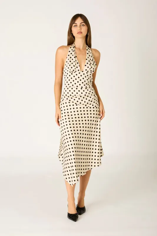 JOANA POLKA DOT HALTER MIDI DRESS IVORY