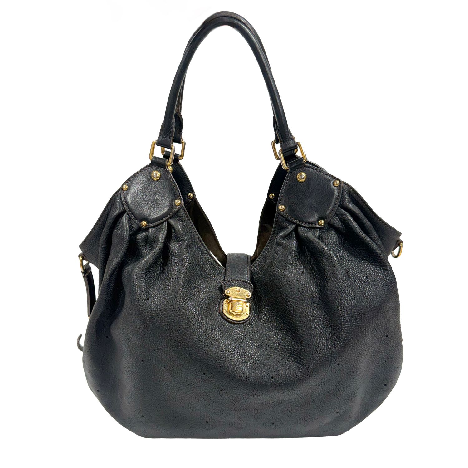 LOUIS VUITTON BLACK MAHINA BOHO XL ELEPHANT GRIS LEATHER SHOULDER BAG