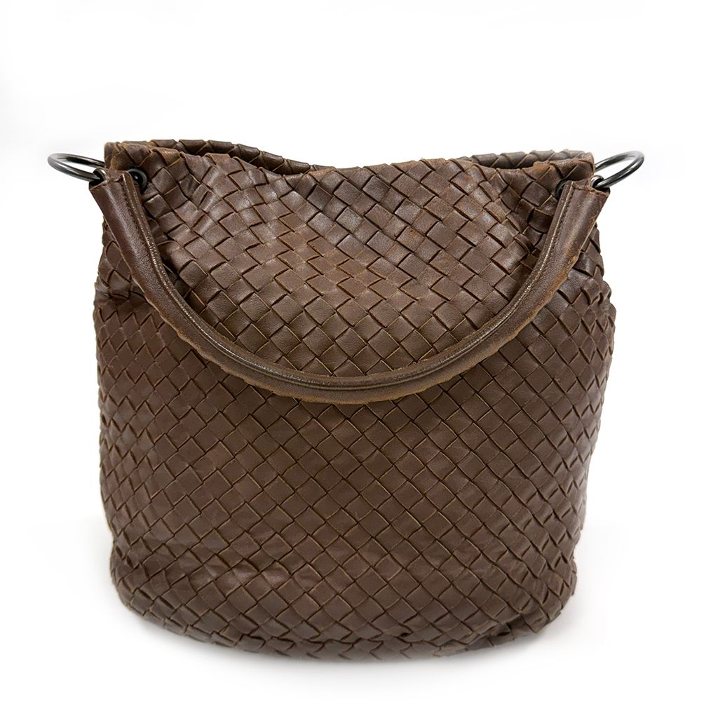 BOTTEGA VENETA BROWN WOVEN LEATHER INTRECCIATO BUCKET BAG