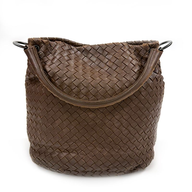 BOTTEGA VENETA BROWN WOVEN LEATHER INTRECCIATO BUCKET BAG