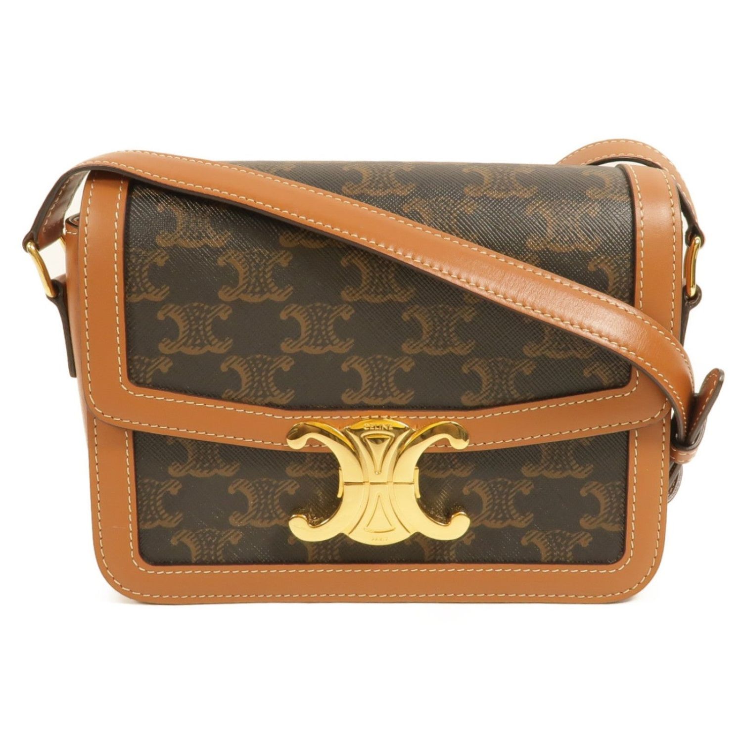 CELINE GHW CLASSIQUE TRIOMPHE TEEN SHOULDER BAG COATED CANVAS BROWN
