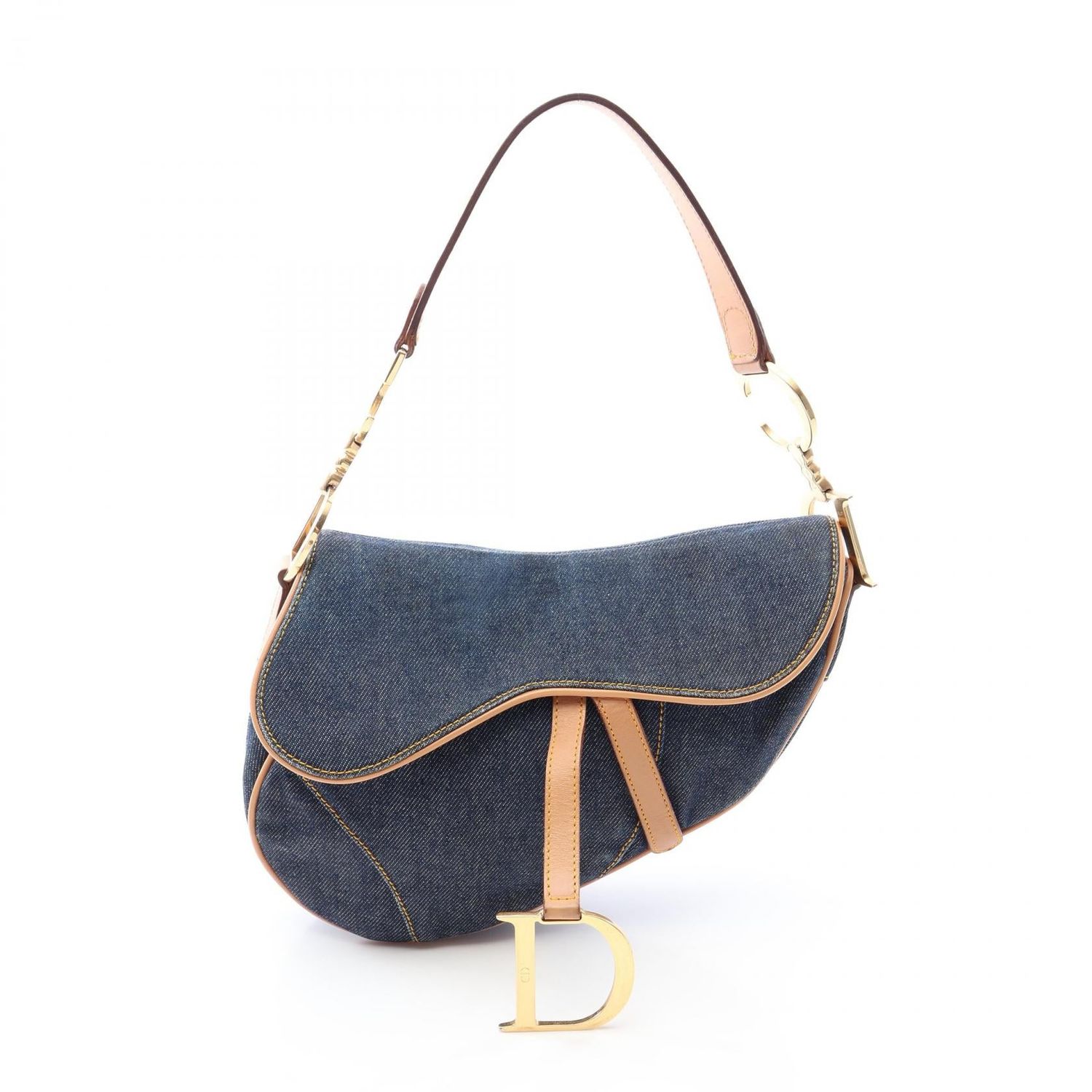 DIOR SADDLE BAG HANDBAG NAVY/BROWN DENIM×LEATHER