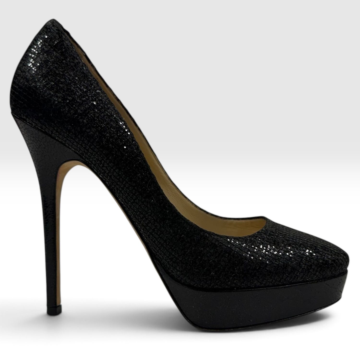 JIMMY CHOO BLACK GLITTER PLATFORM PUMPS