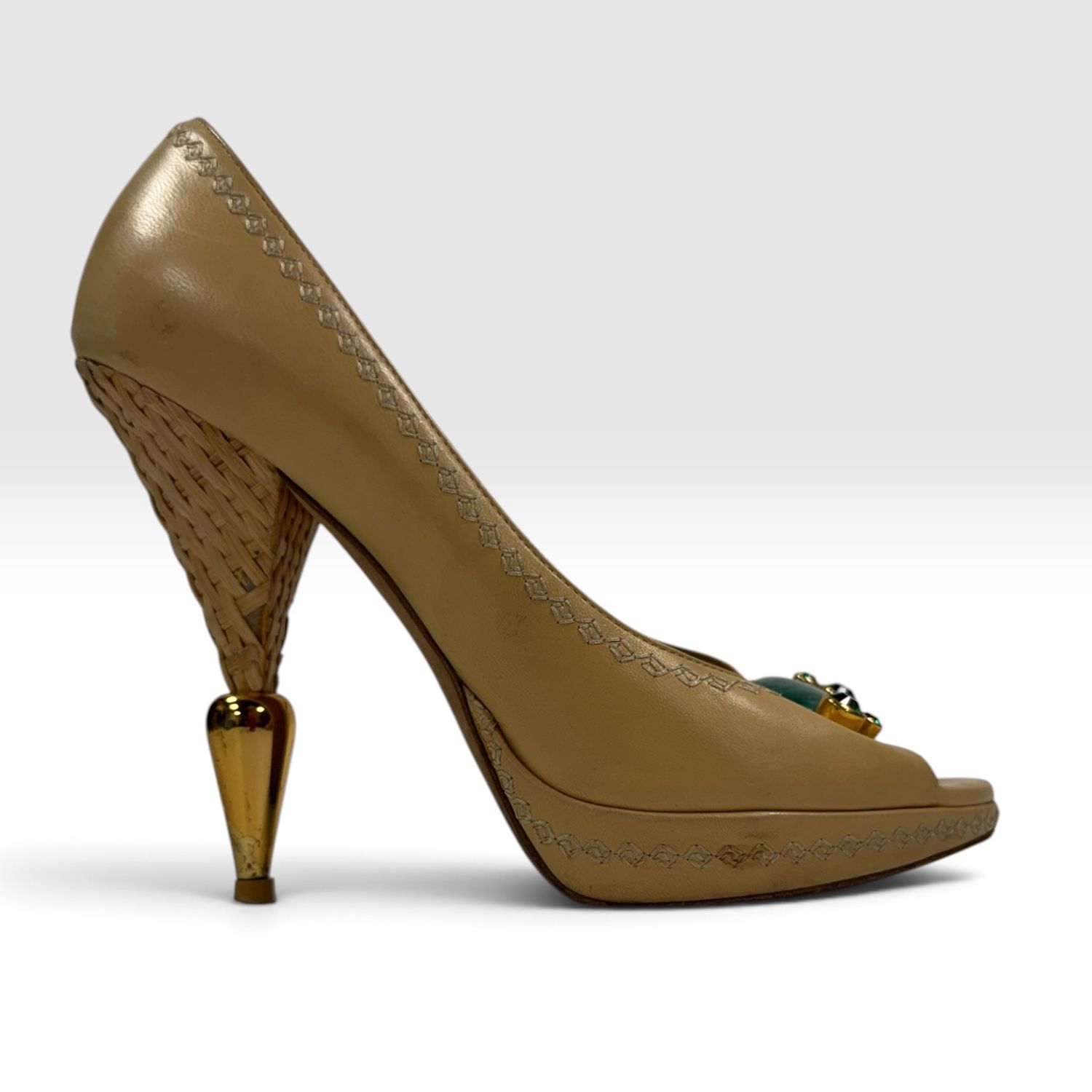DIOR BEIGE LEATHER MALACHITE EMBELLISHED PEEP-TOE PUMPS
