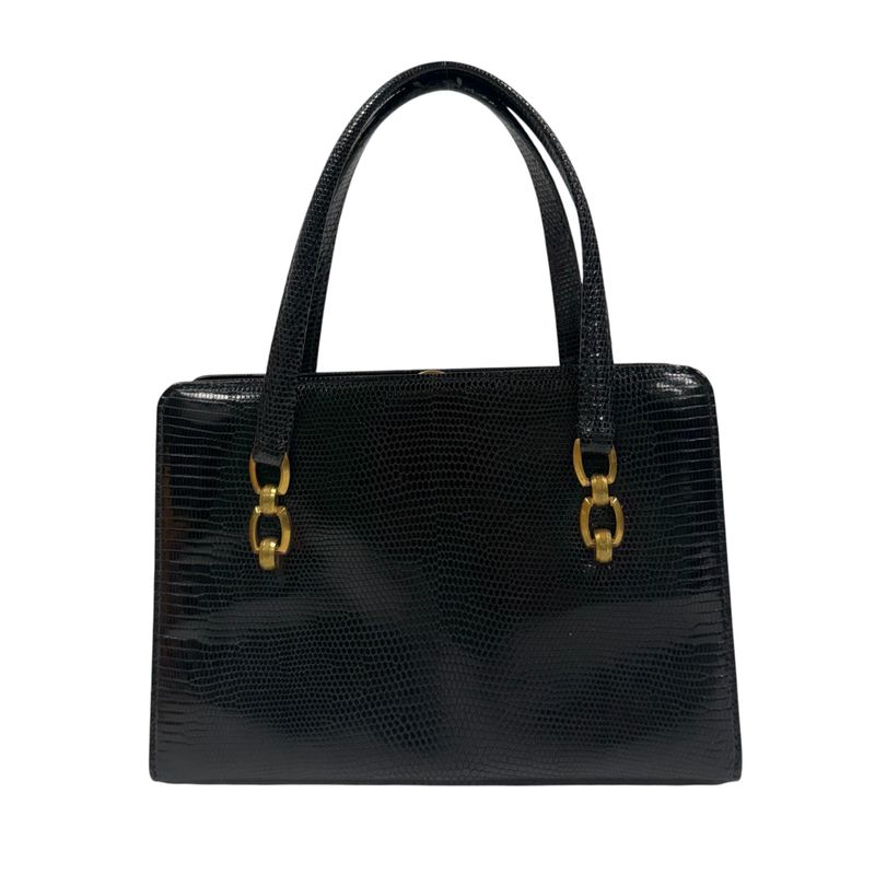 GUCCI VINTAGE BLACK LIZARD-EMBOSSED LEATHER STRUCTURED TOP HANDLE BAG BY GUCCI, C. 1970S–1980S