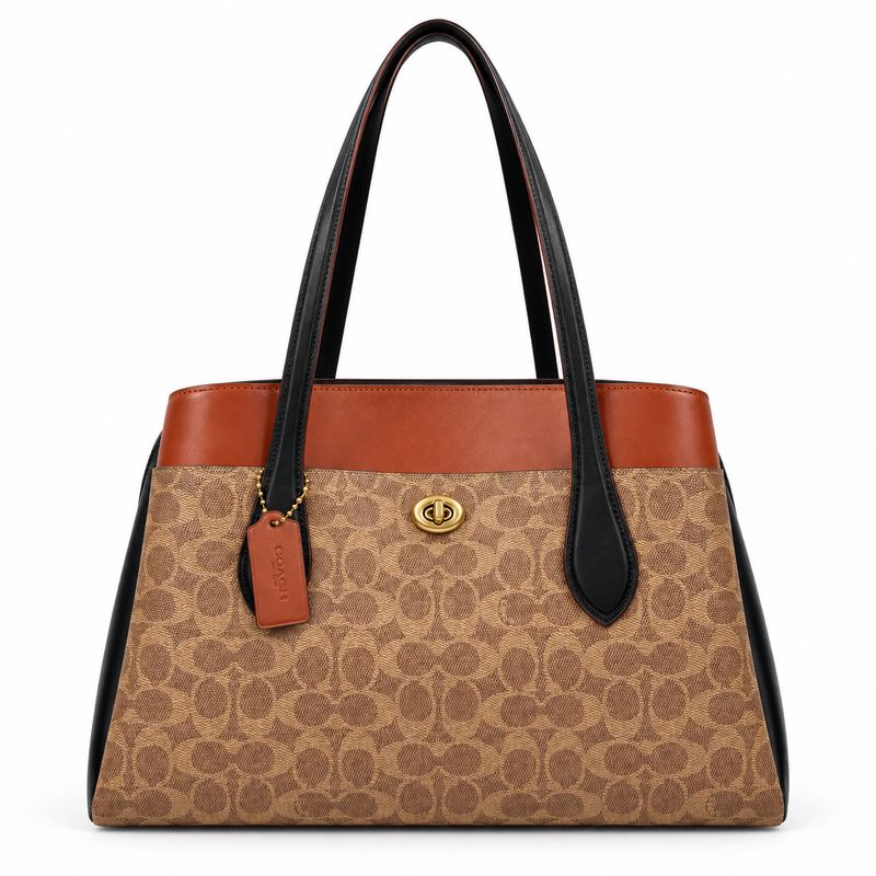 COACH TAN SIGNATURE CANVAS BROWN &amp; BLACK LEATHER COLORBLOCK TOTE BAG C. 2010S