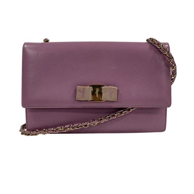 SALVATORE FERRAGAMO GINNY VARA BOW CHAIN SHOULDER BAG BY SALVATORE FERRAGAMO MAUVE PINK