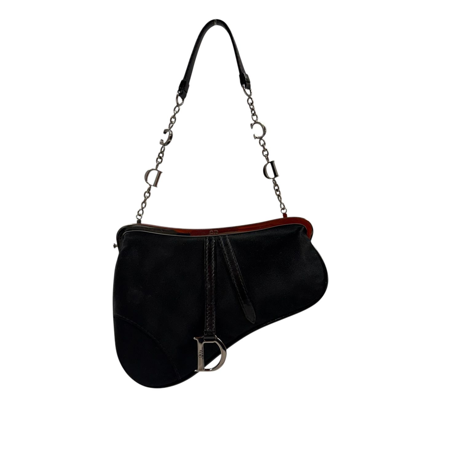 CHRISTIAN DIOR VINTAGE BLACK SADDLE CHAIN SHOULDER BAG JOHN GALLIANO ERA CIRCA 2002
