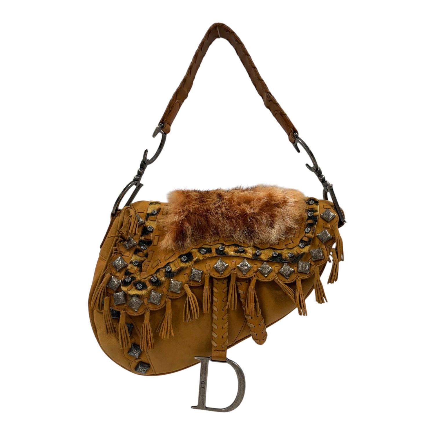 CHRISTIAN DIOR LIMITED EDITION 82/100 TAN LEATHER FUR TRIM FRINGE SADDLE BAG JOHN GALLIANO 2006
