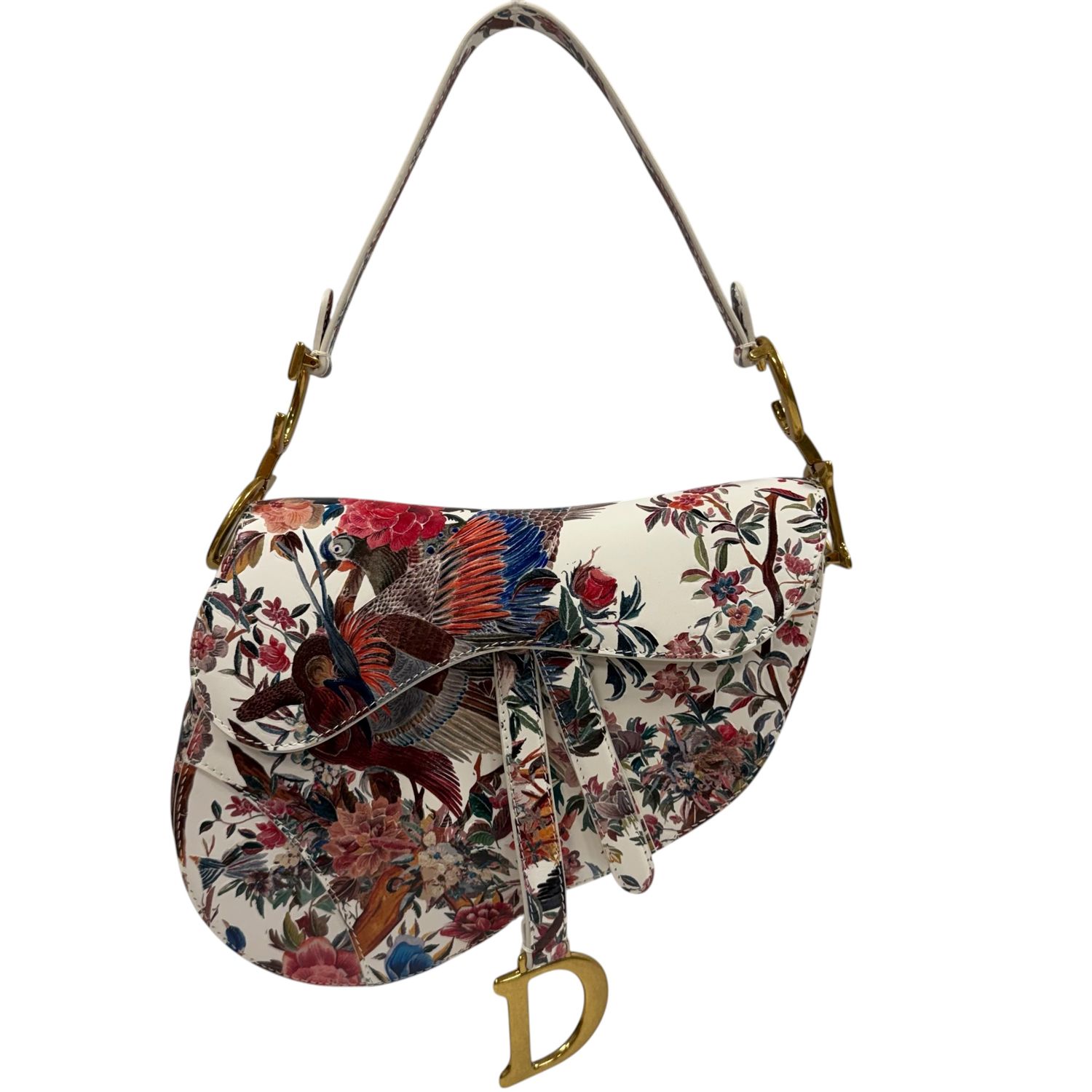 CHRISTIAN DIOR SADDLE BAG WITH STRAP IN MULTICOLOR FLORAL AND BIRD PRINT CALFSKIN BY MARIA GRAZIA CHIURI, 2022